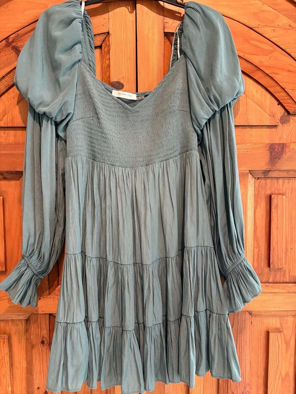 Mustard Seed Smocked Tiered Mini Dress Size M Teal Green Long Sleeve
